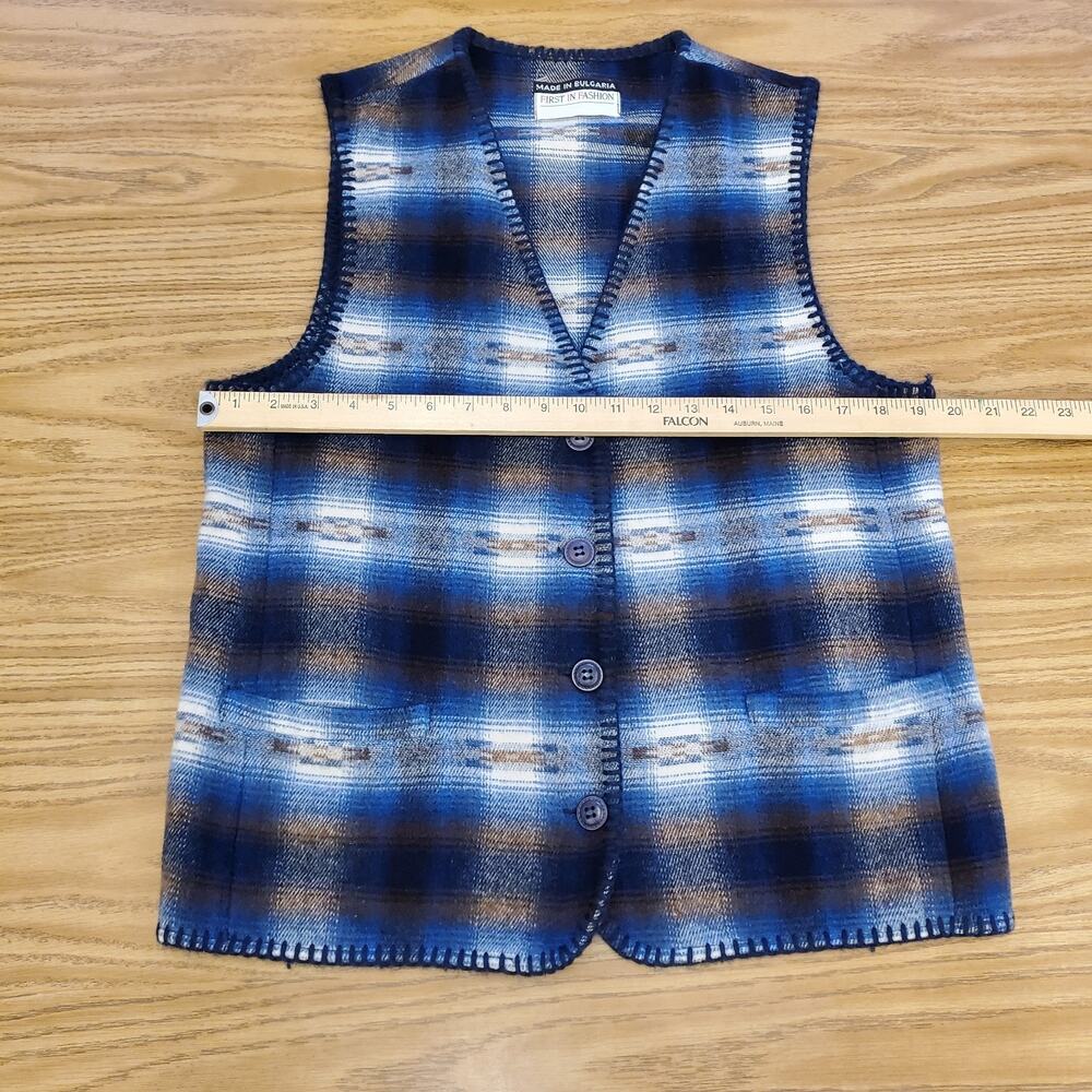 First In Fashion Collectible Blue Plaid Wool Vest Large - Picture 9 of 10
